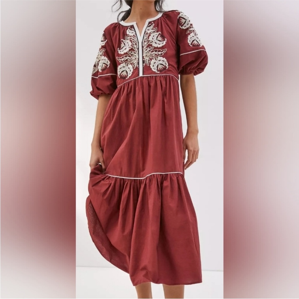 Anthropologie “Gretel” Maxi Dress Embroidered Burgundy XS Petite